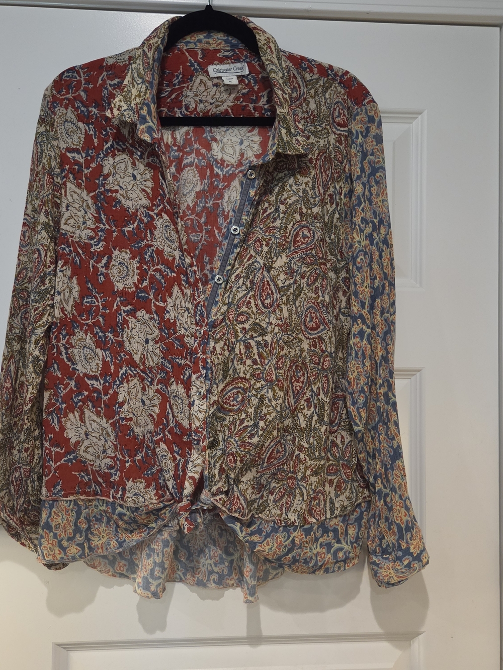 Coldwater Creek Mixed Paisley Patchwork Blouse in Rust, Blue, Cream